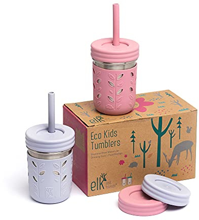 Elk and Friends Kids 10oz Stainless Steel Mason Jars + Sleeves + Lids | 2pk | Toddlers | Silicone Sleeves | Straws with Stoppers | Food Storage | Spill Resistant | Dishwasher Safe | Perfect for Smoothies