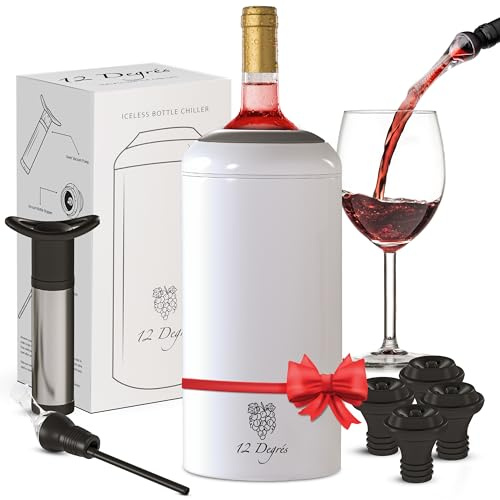 12 Degrés Wine Chiller Set - Perfect Wine Gifts for Women & Men - Stainless Steel Insulated Wine Cooler with Wine Pump, Aerator & 4 Stoppers (White Matte)
