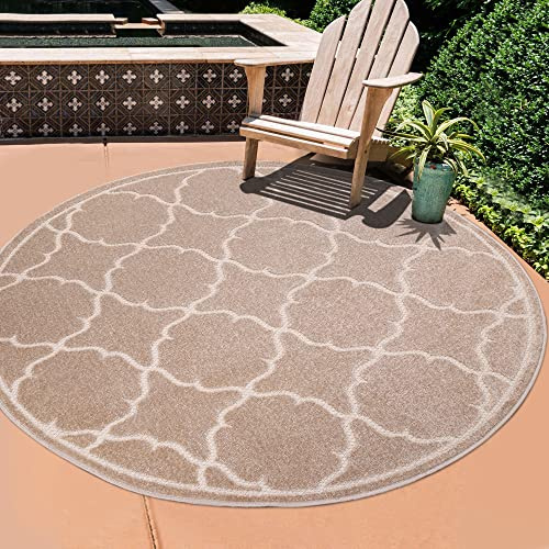 SANAT Outdoor Teppich Wetterfest - Für Innen- und Außenbereich - Wasserabweisend für Balkon, Terrasse, Garten, Küche, Bad oder Wohnzimmer - Beige, 120 cm Rund