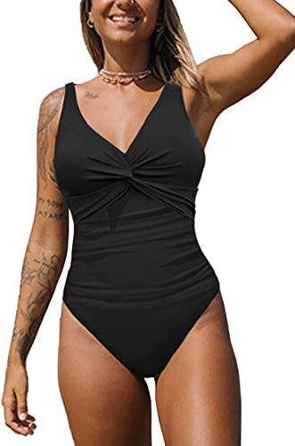 NLAND Costume Intero Donna da Contenitivo Push Up a Vita Alta Costumi con Scollo a V da Bagno Donna Beachwear dello Swimwear Imbottito(Nero,M)
