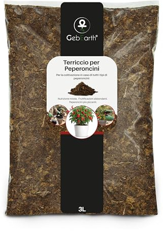 GebEarth® | Terriccio Professionale per Peperoncini da 3 Litri | Substrato per Semina e Coltivazione, per Tutte Le varietà Piccanti e Dolci, Favorisce Resa e Fruttificazione.