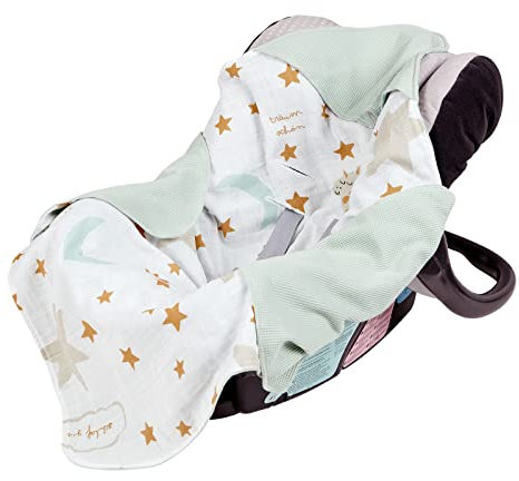 Mama Poppins Germany Einschlagdecke mit Träum Schön Schriftzug aus 100% Bio-Baumwolle 90x90 cm Kuscheldecke für Kinderwagen Babyschale universal Baby Decke doppelseitig Musselin und Waffelstoff.