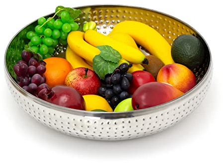 Carousel Home 38cm Extra Large Stainless Steel Kitchen Fruit Bowl | Round Silver Display With Hammered Detail | Multi-Purpose Serving Salad Decorative Bowl