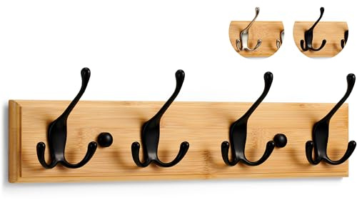 LARHN. Perchero Pared Madera y Negro - 4 Colgadores Triples - 42 cm - Percheros Pared de Diseño para Recibidores, Entradas, Dormitorios Modernos, Habitaciones Infantiles y Baños