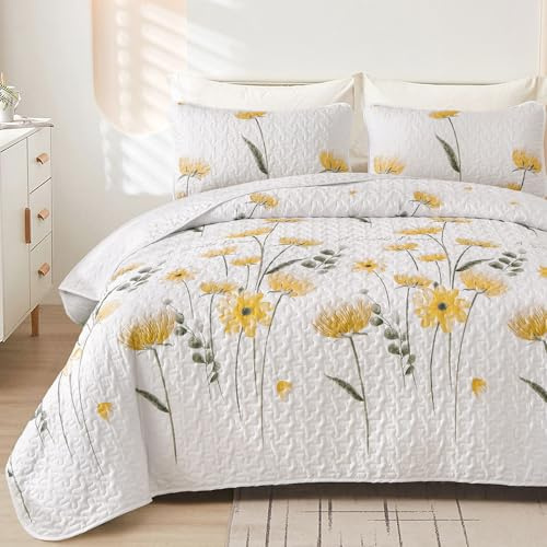 Dinjoy Quilt Set Queen Cute Floral Bedspread Coverlet Yellow Flower Quilts Microfiber Lightweight Summer Bedding Sets Reversible Soft Quilted Bed Cover for All Season(96x90)