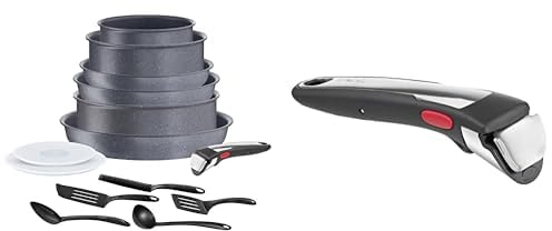 Tefal Ingenio Natural On Batterie de cuisine, Induction L7669902, Gris,noir, 14 pièces & Ingenio Poignée amovible Premium noire, Verrouillage sécurité 3 points, true, Expertise L9863202