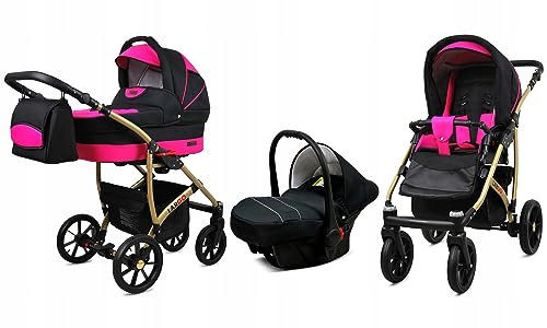 BabyLux® Kinderwagen Set 3 in 1 - Largo - incl. Babywanne, Buggy Sportsitz, Auto-Babyschale - Autositz - Kinderwagenset - Kombikinderwagen mit Wickeltasche, Regenschutz usw.