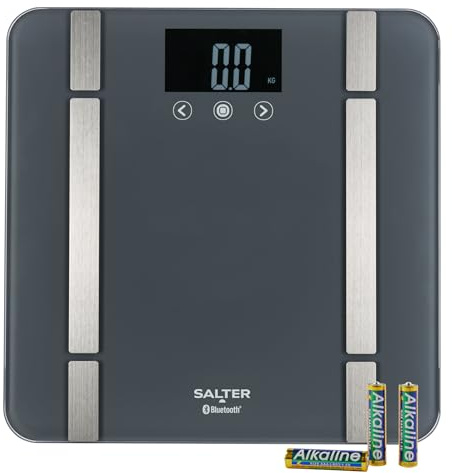 Salter SA00432GFEU6 Bathroom Smart Scale – Bluetooth Digital Scale, 200kg, Measure Weight, Body Fat/Water, Muscle/Bone Mass, BMI/BMR, 8 User Memory, Connect to Phone with Free Salter Health App, Grey