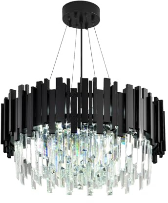 AHXIAOZN Luxury E14 Crystal Chandelier,2 in 1 Chandeliers Ceiling Light, Black Ceiling Lights Living Room,Round Lampshades 3 Tiers K9 Crystals Pendant Light (55 * 55 Cm Black)