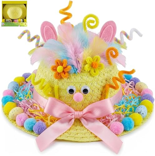 HOVUK 64Pcs DIY Yellow Easter Bonnet Craft Kit for Boys Girls | Big Pack Cute Kids Fun Decorative Accessories, Googly Eyes, Spekled Eggs, Paper Grass Feathers & Glue