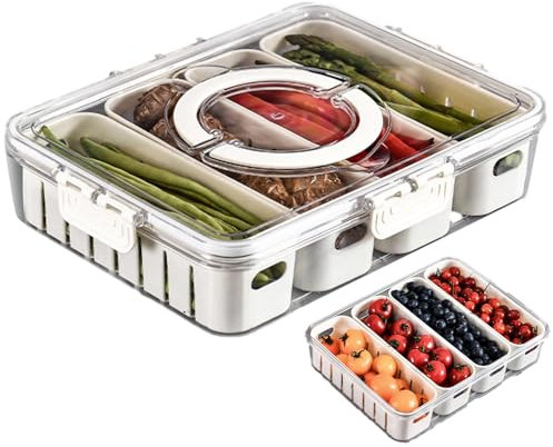 Divided Serving Tray with Lid and Handle, Movie Night Snack Tray, Serving Platter with 4 Removable Compartment Box, Movie Night Snack Tray Fridge Clear Organizer, for Snack, Spices, Fruits