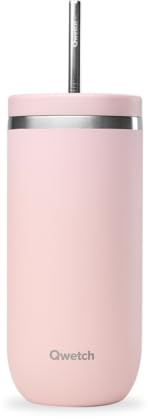 QWETCH – Vaso Térmico Cold Cup 600ml con Pajita Inox Rosa Pastel – 24h Bebidas Heladas – Acero Inox Reciclado – Antisalpicaduras – Ideal para Café Frío, Bubble Tea y Agua Saborizada