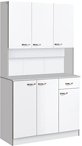 HOMCOM Credenza Cucina con Armadietti, Cassetto e Piano Portamicroonde, Mobile Dispensa Stretto con Ante e Ripiani Regolabili, Mobile Cucina per Soggiorno, Sala da Pranzo, 101x39x180 cm, Bianco