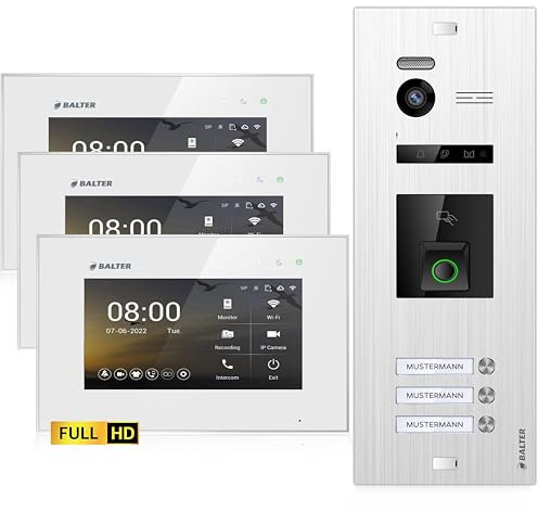 Balter EVO-HD Video Türsprechanlage mit Fingerprint, Video Türklingel, 3 Familienhaus, 3X 7 Zoll Monitore, Türklingel mit Kamera Full HD, 2 Draht Bus, 175° Weitwinkel, RFID,1080P