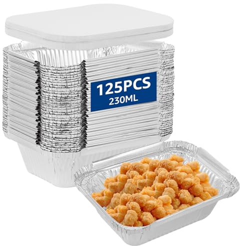 Oungy 125 Stück Aluschalen mit Deckel, Alu Grillschalen Einweg, 230ml Aluschalen Grill Klein, Fettauffangschale Gasgrill Aluschalen für Braten Kochen Backen Grillschale Alu Klein Behälter 12,5x9,7x4cm