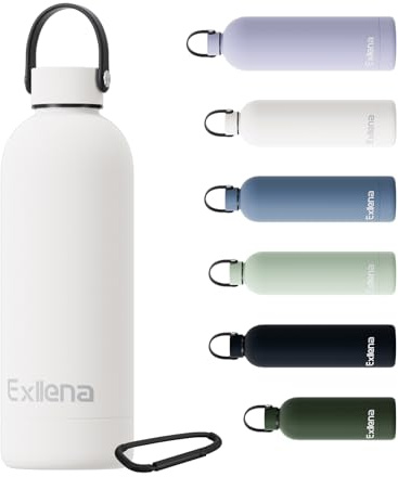 Exllena Borraccia Termica 500 ml con Maniglia e Moschettone - Borraccia 500 ml Mantenere Calore/Freddo - Senza BPA - 100% A Tenuta Stagna per Escursioni, Campeggio, Viaggi...(Bianco)
