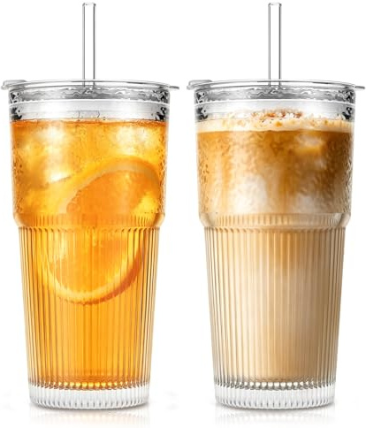 SoulTimes 20oz Glass Tumblers with Lids and Straws, Set of 2 - Stylish Ribbed Design Drinking Glasses for Iced Coffee Cups, Juice, Smoothies, Cold Beverages, Includes Cleaning Brush, Durable Glassware