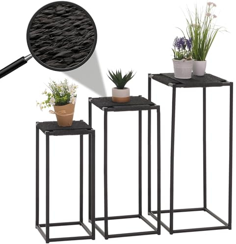 Mendler 3er-Set Blumentisch HWC-N70 Metall Papierseil - anthrazit | Beistelltisch, Tisch, Blumenständer, Ablage, stapelbar