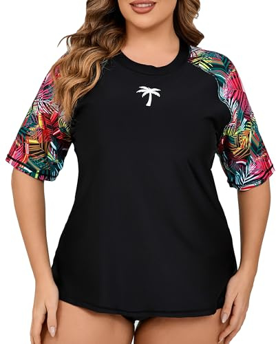 Halcurt UV Shirt Damen mit BH Übergröße Kurzarm UPF 50+ Rash Guard 1X-4X | Sonnenschutz Schwimmshirt, Atmungsaktiv, Schnell Trocknend, Nur Schwimmoberteil, Raglan Ärmel, Lockere Passform
