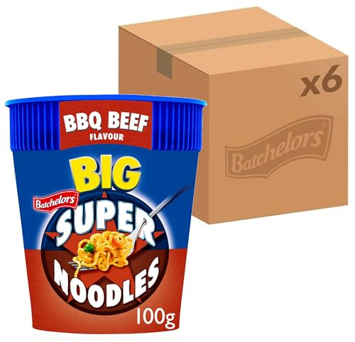 Batchelors Big Super Noodles BBQ Beef Flavour, 100 g (6-Pack) | Quick & Easy Instant Snack Pot, Rich BBQ Beef Flavour, Ready in 4 Minutes, Includes Green Peas & Carrots