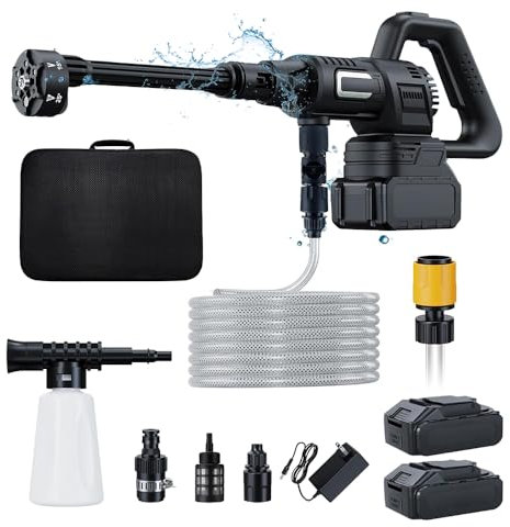 Nettoyeur Haute Pression à Batterie,Max 100 Bar avec 4000mah Batteries,Pulvérisateur de Mousse,6-en-1 Multi-Usage Buse et 180° Buse Pivotante pour Un Nettoyage de Jardin,Voiture ﻿ ﻿ (2 Batterie)