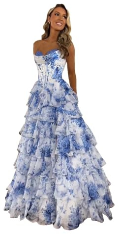 Genérico Vestidos De Fiesta con Corsé Sin Tirantes para Mujer Vestidos De Fiesta Largos De Gasa con Corte En A Vestidos De Noche Formales con Capas Y Abertura Blue White XS