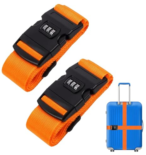 2 Stück Koffergurt mit Zahlenschloss, 200 * 5cm Orange Kofferband | Einstellbare Kreuz Koffer Gepäckgurte mit Schloss, Gepäckband für Koffer Gepäck Reisetasche