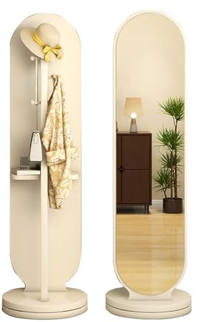 Miroir sur pied autoportant avec porte-manteau, miroir pleine longueur avec porte-manteau - Miroir sur pied autoportant 2 en 1 avec base rotative à 360°, crochets et étagères pour salon, cha