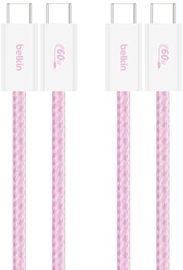 Belkin USB C to USB C Cable 2-Pack, 3.3 ft, 60 W – Type C Charger, iPhone Charger Cord, Soft, Braided, Flexible for iPhone 16, Galaxy S25, Pixel 9, Airpods, iPad Pro & More, Travel Essentials – Pink