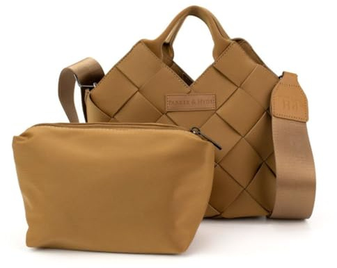 Parker & Hyde Woven Tote Bag for Women - Crossbody Shoulder Handbag with Matching Pouch - Camel