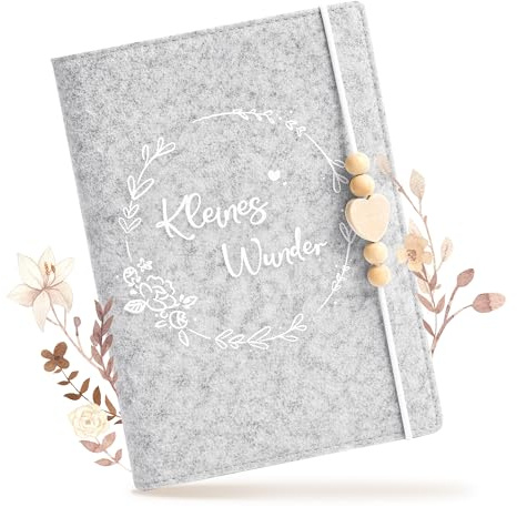 Mutterpasshülle aus Filz für Deutschen Mutterpass – Hellgrau mit Holzperlen & Herz, Schutzhülle für Dokumente & Ultraschallfotos, Geschenk für Schwangere & Mamas