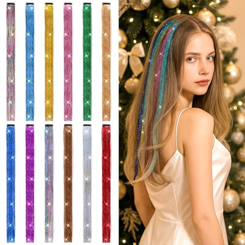 Lot de 12 mèches de cheveux à paillettes, couleurs arc-en-ciel, à clipser, pour cheveux brillants, extensions de cheveux droites, extensions de cheveux colorées, pour fête, accessoires de cheveux