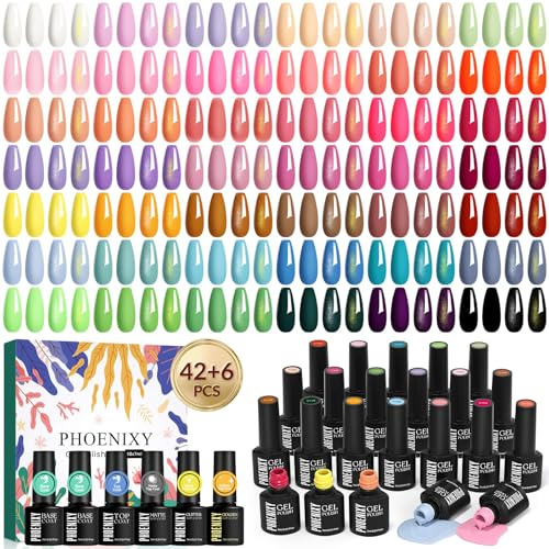 Phoenixy Vernis Semi Permanent, 48PCS Vernis Gel UV Semi Permanent avec 2 Base Coat 4 Top Coat, 42 Couleurs Kit de Vernis à Ongles pour Débutants, Manucure Maison Cadeaux pour Femmes