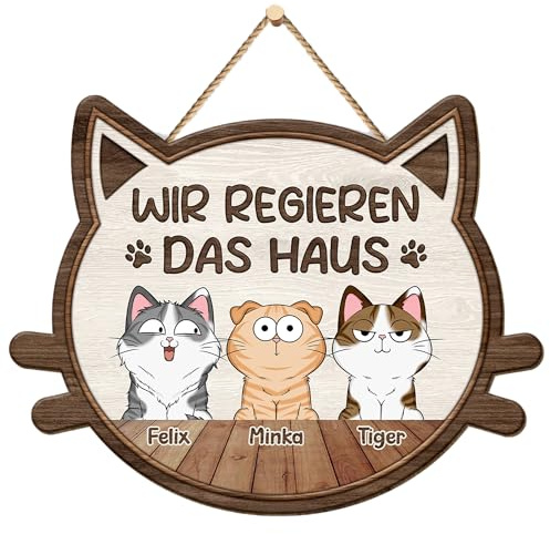 Geschenke Mall Holzschild Personalisiert - Wir Regieren Das Haus - Schild selbst gestalten, haustürschilder mit namen, blechschild katze, holz namensschild, holzschild katzen (2 Katzen)