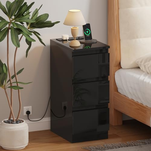 Ansley&HosHo Bedside Table with 3 Storage Drawers, Slim Nightstand Cabinet with Charger Station for Bedroom, Small Living Room End Table Side Table with Power Outlets and USB Ports (High Gloss Black)