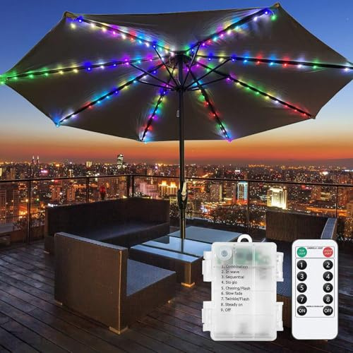 Parasol Lights, 104 LED Waterproof Battery Operated Umbrella String Lights with Remote Control, 8 Modes Outdoor Umbrella Light for Patio, Garden, Camping Tents (Colorful)