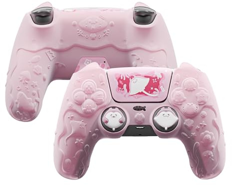 playvital Funda de Silicona Semitransparente para ps5 Mando | Carcasa Protectora, Agarre Cómodo, Compatible con Base de Carga, Tapas para Joysticks, Cute Ocean Whisper, Rosa Melocotón