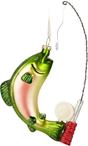 BRUBAKER Fisch an der Angel - Handbemalte Weihnachtskugel aus Glas - Regenbogenforelle und Angelrute - Mundgeblasener Christbaumschmuck Figuren lustig Deko Anhänger Baumkugel - 18 cm