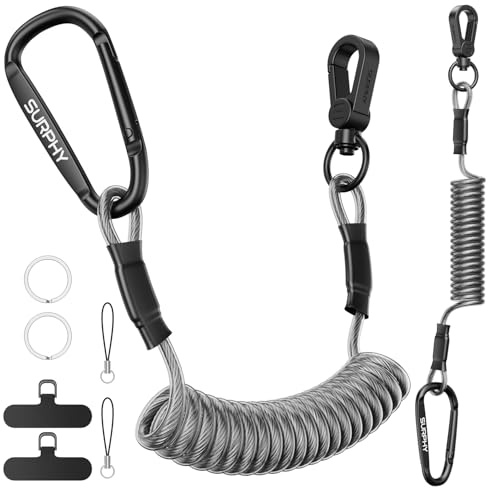 SURPHY Retractable Phone Lanyard, Phone Tether Tab & Metal Keychain Hook, Anti-theft Phone Strap Coiled Cord Lanyard for Skiing Outdoor