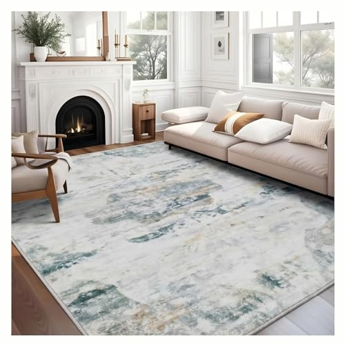 KOMTWNM Läufer Teppich Waschbarer Flurteppich mit Abstraktem Aquarell-Muster rutschfeste Küchenmatte, Kurzflor-Velours für Wohnzimmer, Schlafzimmer (Grün, 150x210 cm)