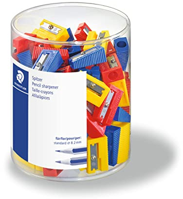 STAEDTLER 51050KP100ST - Afilalápices de plástico para lápices de hasta 8,2 mm diámetro. Caja con 100 afilalápcies en colores surtidos