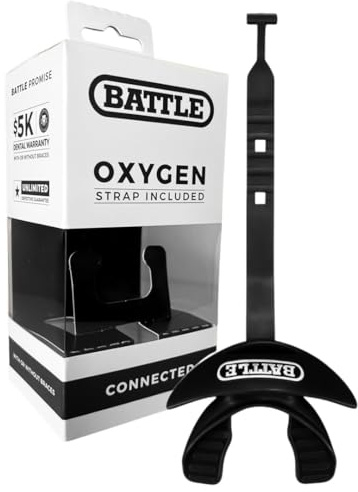 Battle Oxygen Lip Protector Mouth Guard with Connected Strap, Football and Sports Gear, Maximum Oxygen Supply, Mouthpiece Fits With or Without Braces - One Size, Black