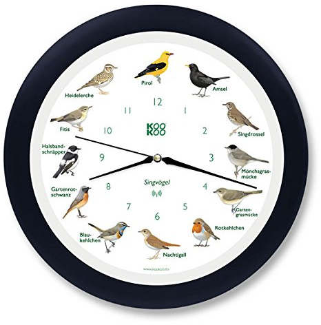 KOOKOO Singvögel Schwarz-Blau, Die Singende Vogeluhr, mit 12 heimischen Singvögeln und echten, natürlichen Vogelstimmen, mit RC Funkquarzwerk