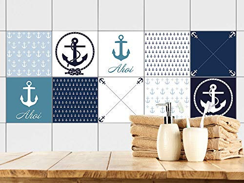 GRAZDesign Fliesenaufkleber Bad Anker maritim Blau Rot Weiß, Fliesensticker Fliesen zum Aufkleben Klebefliesen für Badfliesen - Set 20 Stück