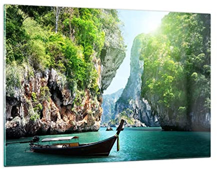 Deco Salon Bateau falaises nature rochers Moderne Impression sur Verre 120x80cm Image Tableau en Verre Decoration Murale Chambre Horizontal Art Grand XXL Tableaux Decoratifs Muraux GAA120x80-2787