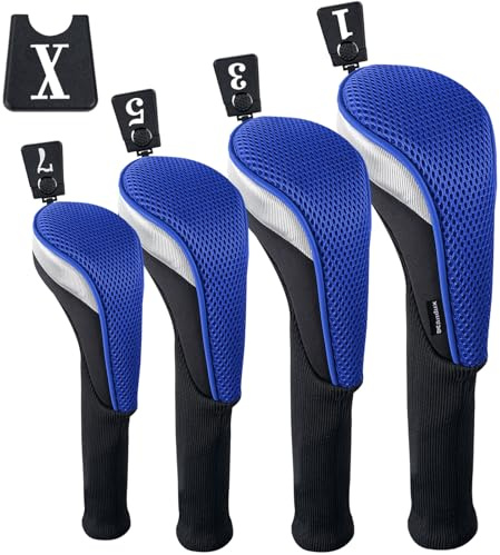 Andux 4pcs/Set Mesh Golf 460cc Driver Fairway Wood Club Head Covers Long Neck with No. Tags Black/Blue