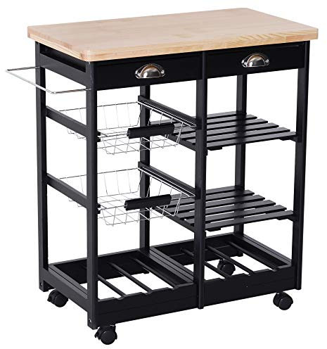 HOMCOM Carrello da Cucina Multiuso in Legno di Pino 74 x 37 x 75cm Nero