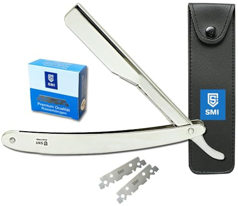 SMI Rasiermesser Herren aus Edelstahl - Rasiermesser mit Wechselklinge mit 100 Klingen und Etui - Barber Rasierer Bart Rasierer Rasier Messer Bartmesser