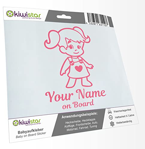 Babyaufkleber - Hellrosa - Mädchen Zöpfe Herz Sticker - mit Wunschtext individuell personalisiert + on Board 15cm - für Auto, Motorrad, Fahrrad, Tuning