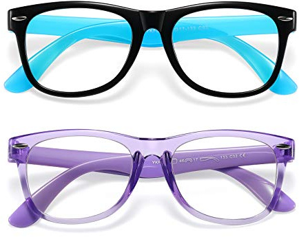 DYLB Kids Blue Light Blocking Glasses girls boys 2 pack, computer video gaming glasses for kids girls boys Age 3-10,Anti blue light & Headache (black blue + transparent purple)